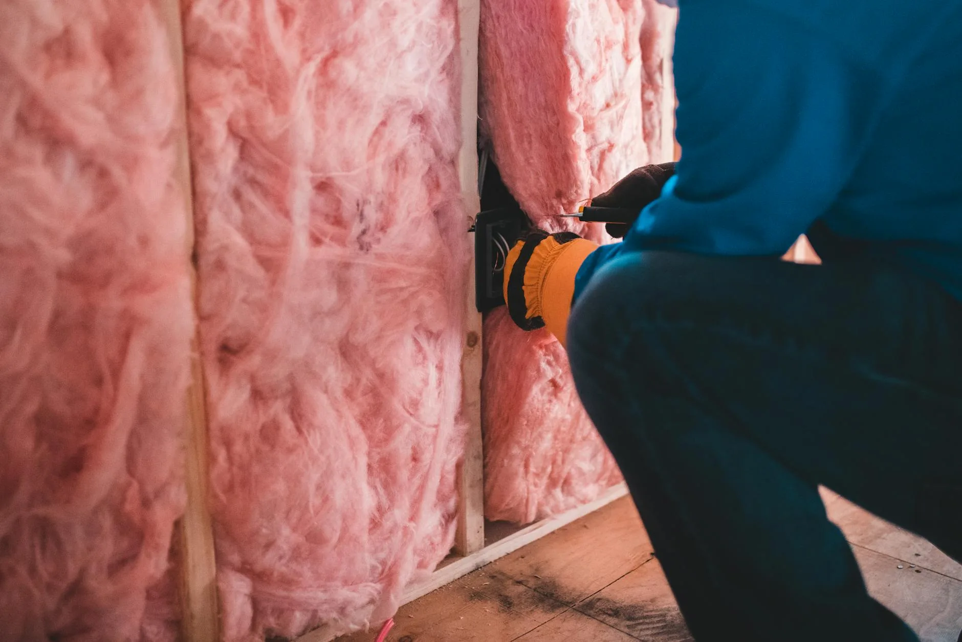 On the job site — attic insulation installation